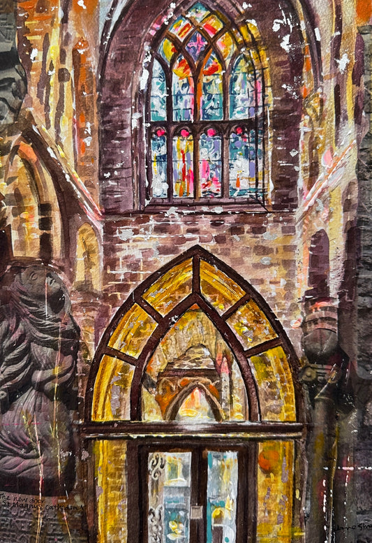 Hand finished print A4 size unframed/The new door, St Magnus cathedral
