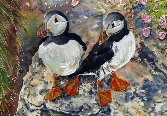 Hand finished print A4 size unframed/Puffin twins