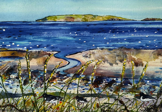 Hand finished print A4 size unframed/Seagrass and Oystercatchers, Copinsay