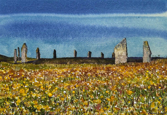 Hand finished print A4 size unframed/Dandelions at The Ring of Brodgar