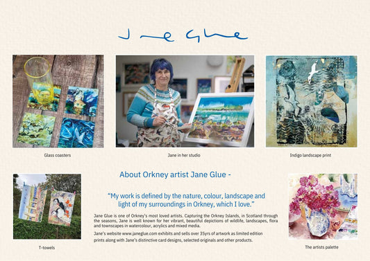 Inside cover of Orkney calendar 2025 including pictures of Jane Glue in her studio, indigo landscape print, glass coasters with Orkney seabirds pictures and two t towels with pictures of puffins and The Ring of Brodgar by Orkney artist Jane Glue Scotland