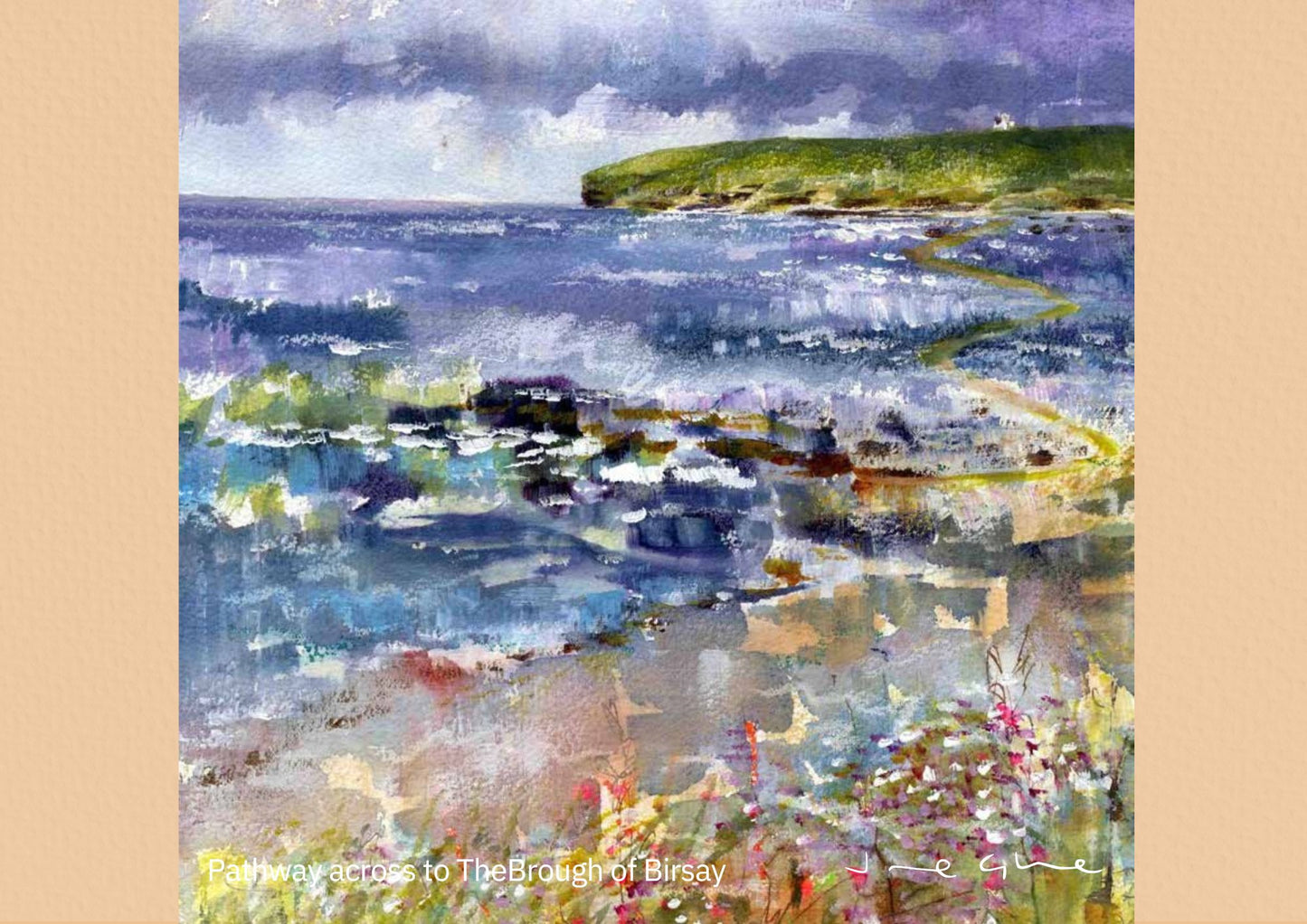 Orkney calendar 2025 August page with mixed media painting of The Brough of Birsay by Orkney artist Jane Glue