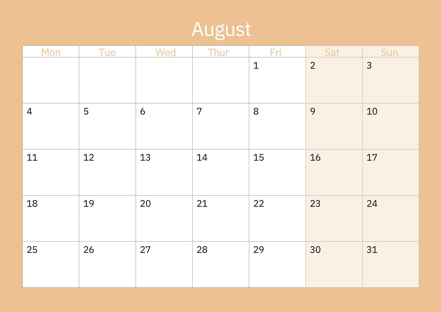 Orkney calendar 2025 August dates page