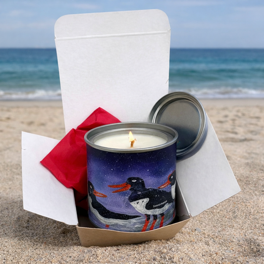 Small candle in a tin/Five Oystercatchers standing on the shoreline
