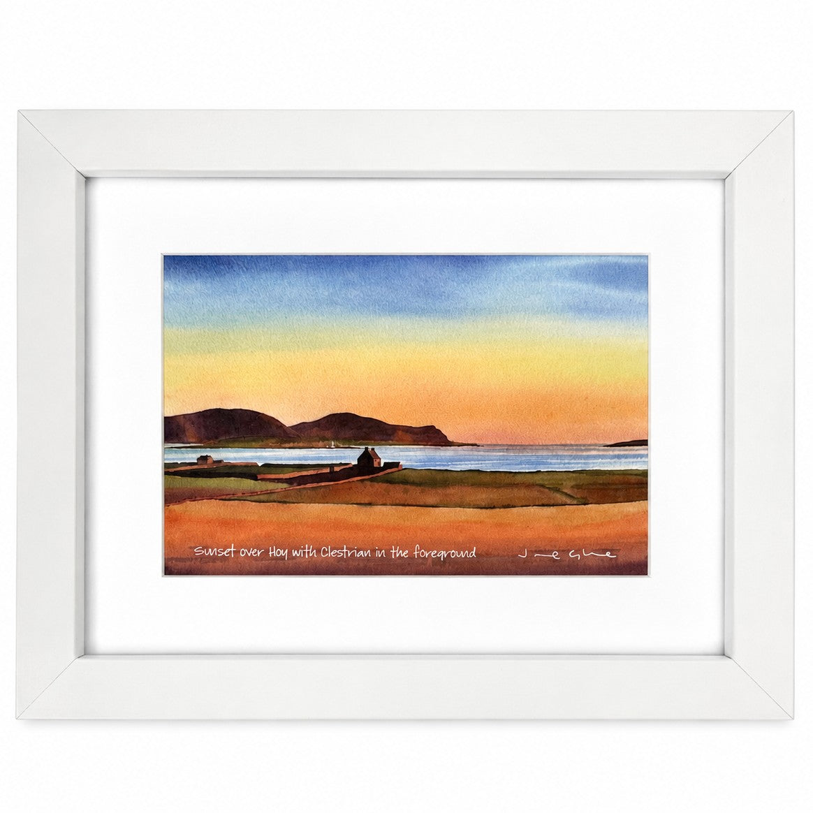 Small framed print/Sunset over The Hoy Hills with Clestrain in the foreground