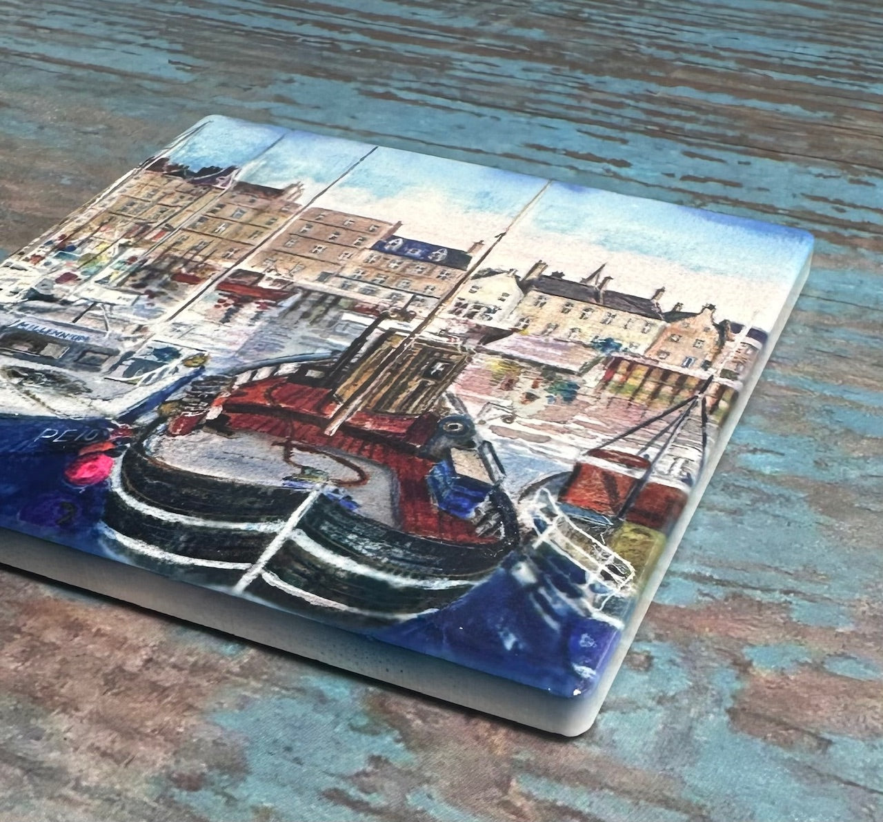Ceramic coaster/Kirkwall harbour with boats Square