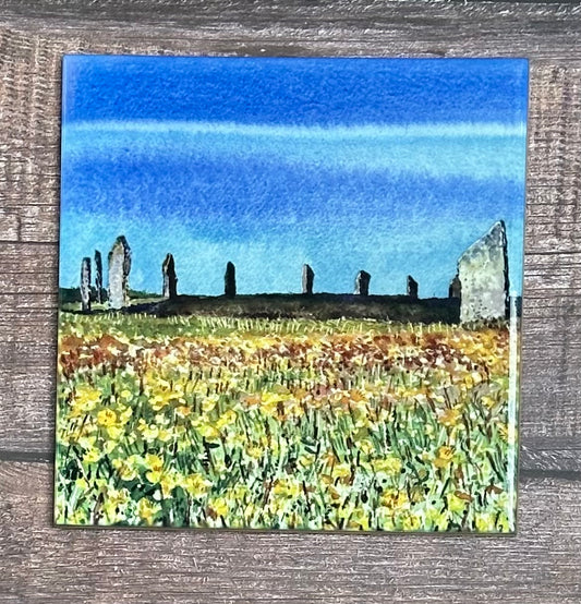 Medium ceramic tile/Dandelions at The Ring of Brodgar