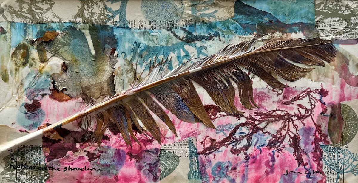 NEW! Original mixed media painting/Feather on the shoreline