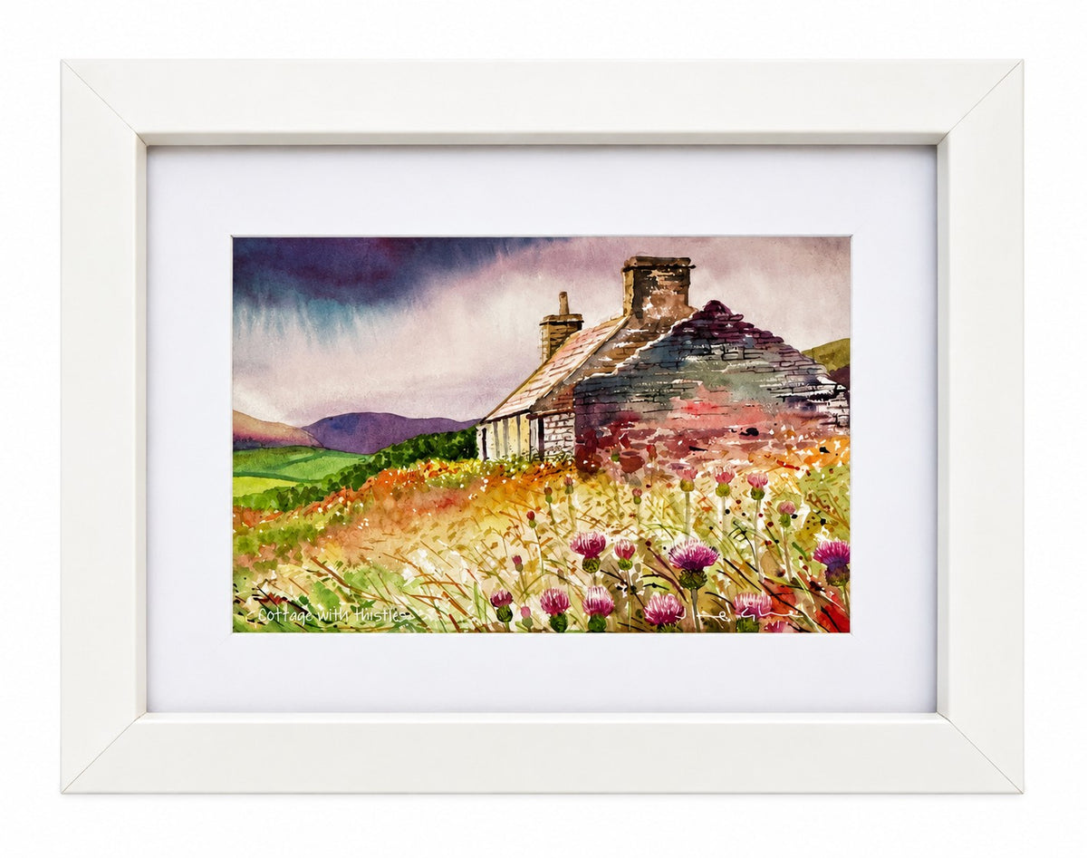 Small framed print/Cottage with thistles