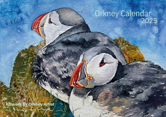 Orkney calendar 2025 front page with painting of two puffins by Orkney artist Jane Glue Scotland