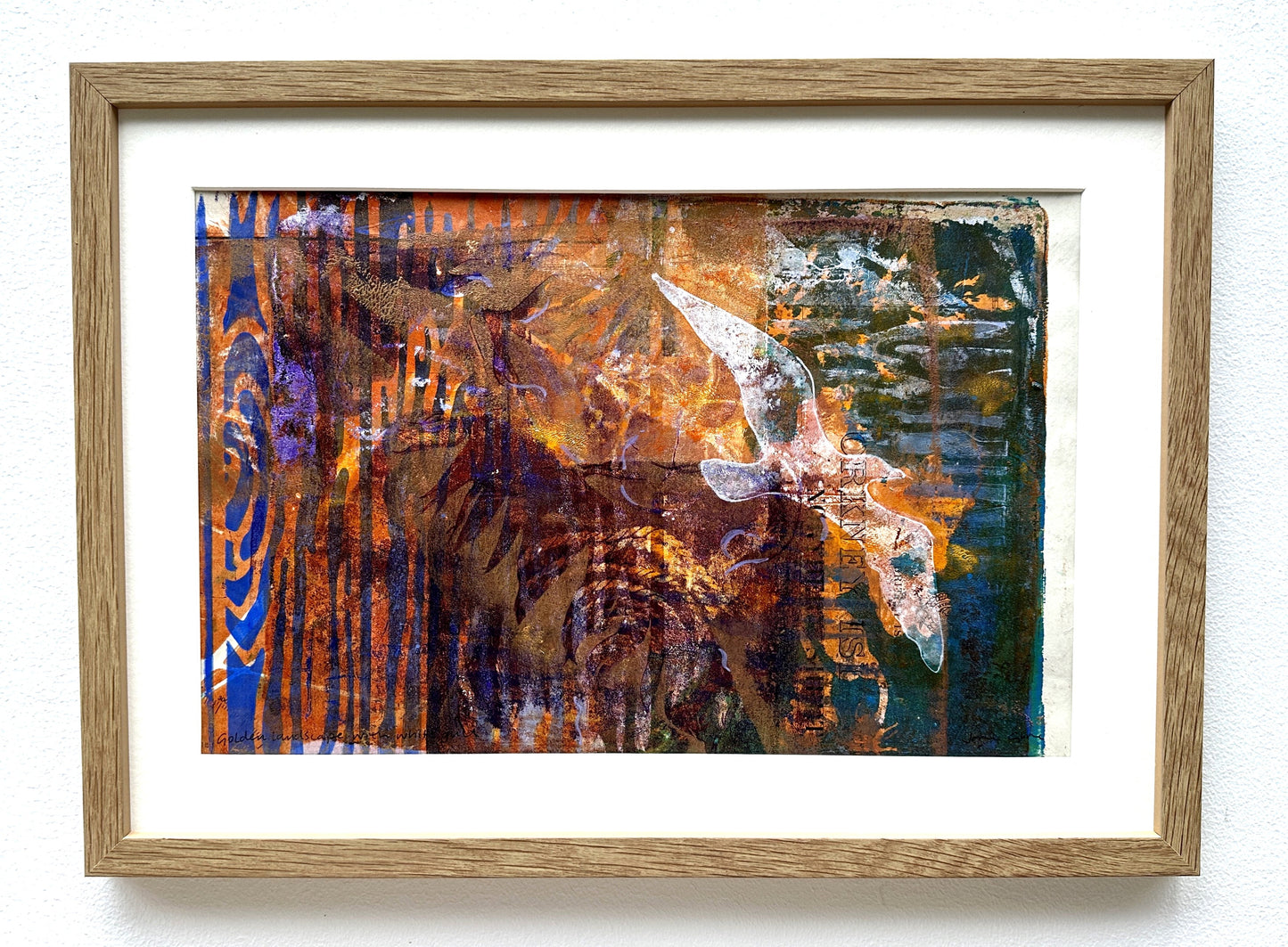 SALE/Original painting framed/Golden landscape with white gull