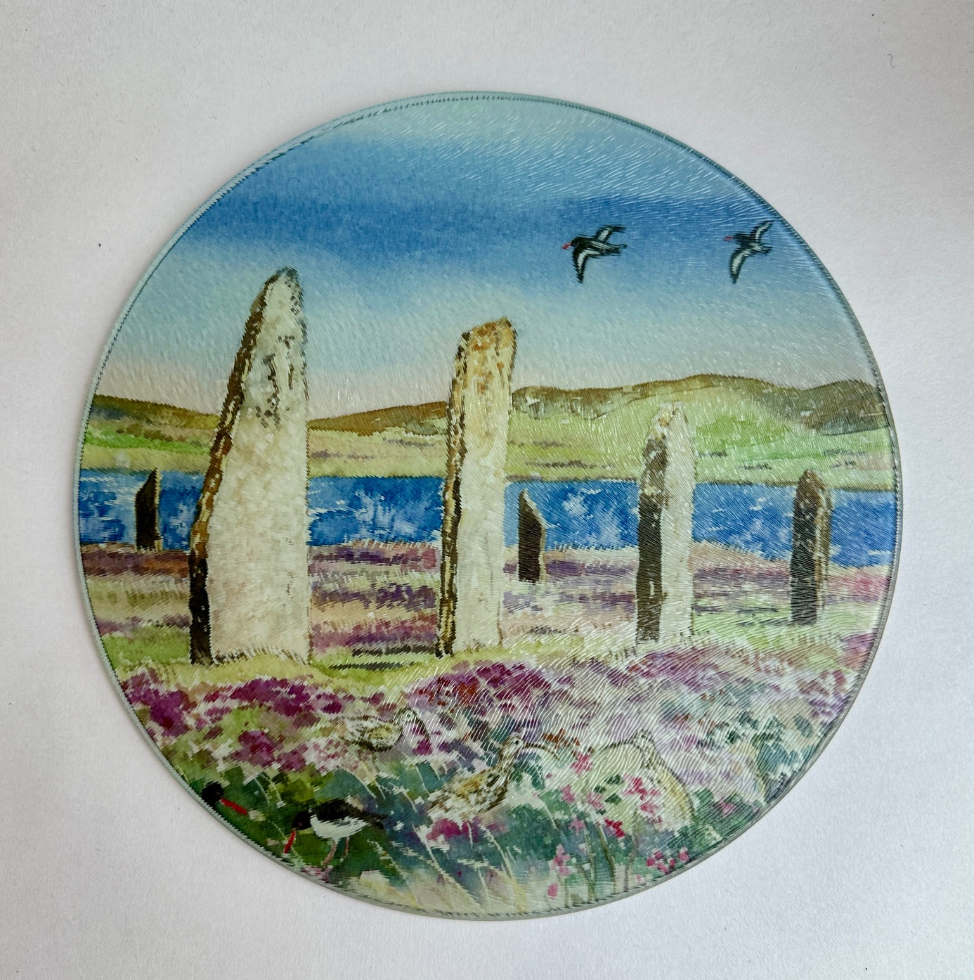Round glass serving platter/Oystercatchers and curlews at The Ring of Brodgar