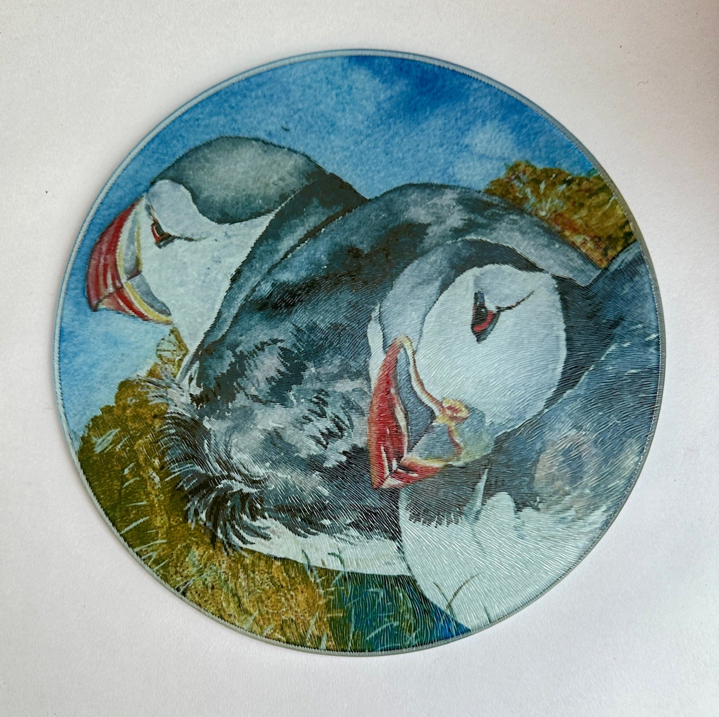Round glass serving platter/Two puffins