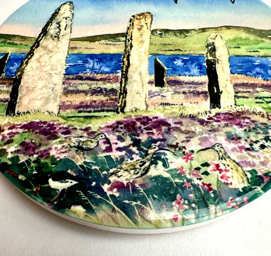 Ceramic coaster/ Oystercatchers and curlews at The Ring of Brodgar