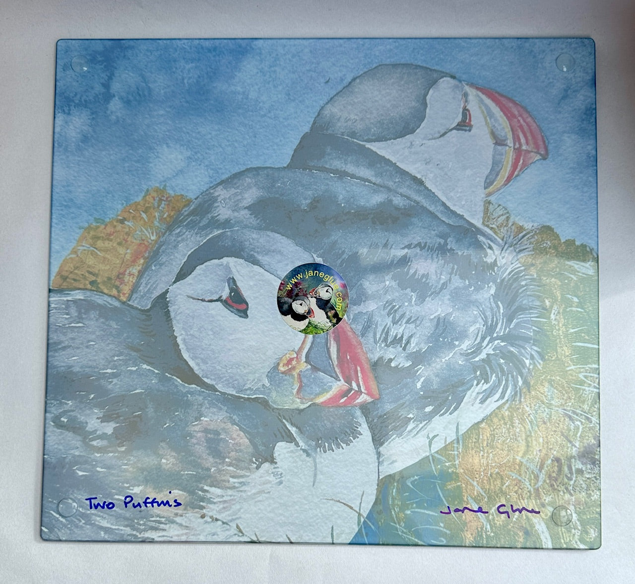 Large square glass platter/Two puffins