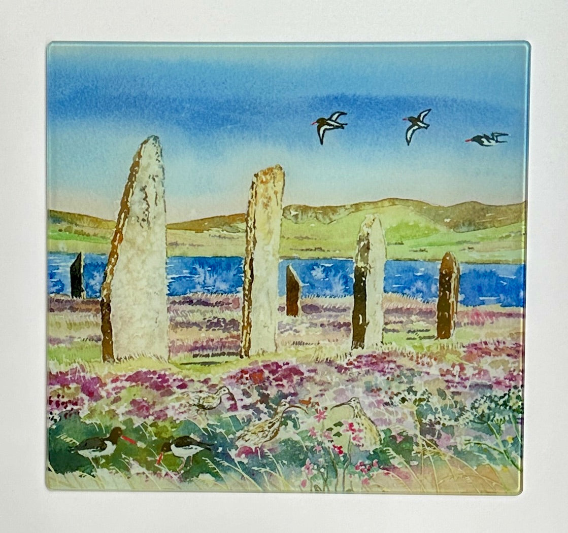 Large square glass platter/Oystercatchers and curlews at The Ring of Brodgar