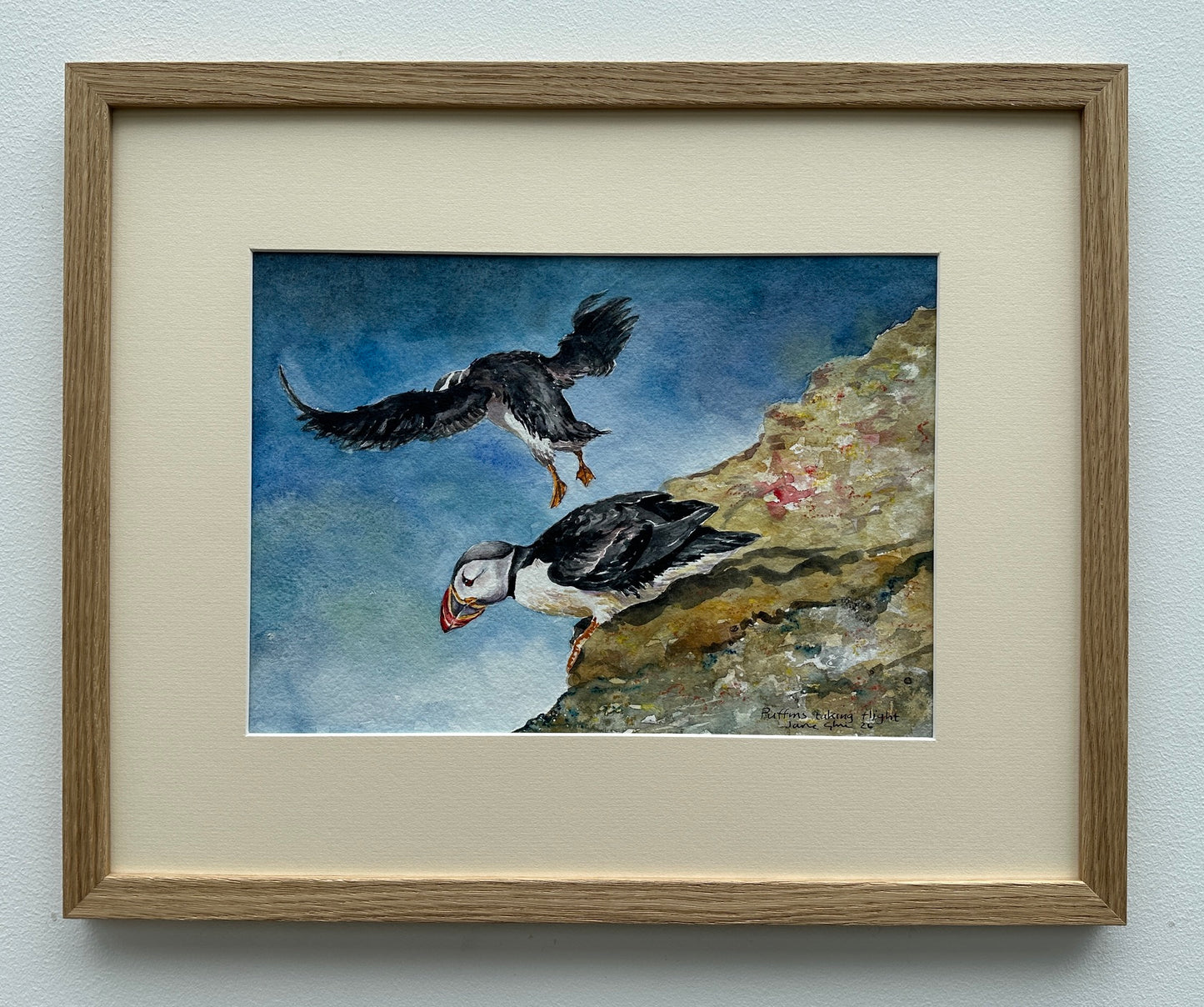 NEW! Original painting/Puffins taking flight