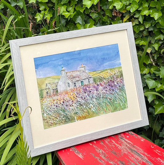NEW! Original watercolour painting/Cottage and purple thistles, Westray