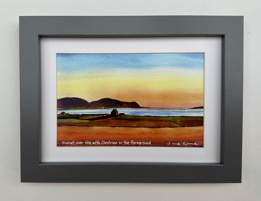 Small framed print/Sunset over Hoy with Clestrain in the foreground