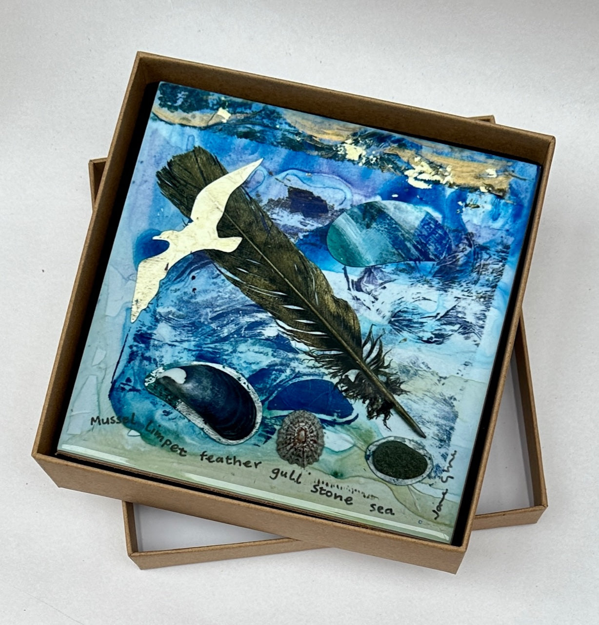 Small ceramic tile/Mussel limpet feather gull stone sea
