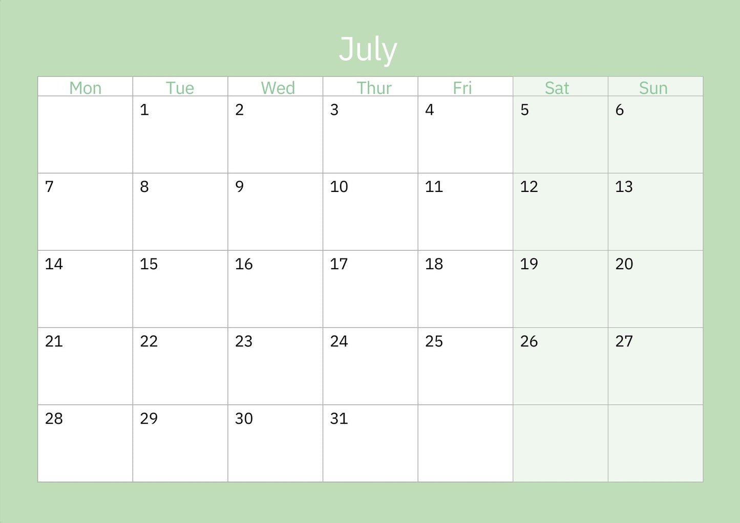 Orkney calendar 2025 July dates page