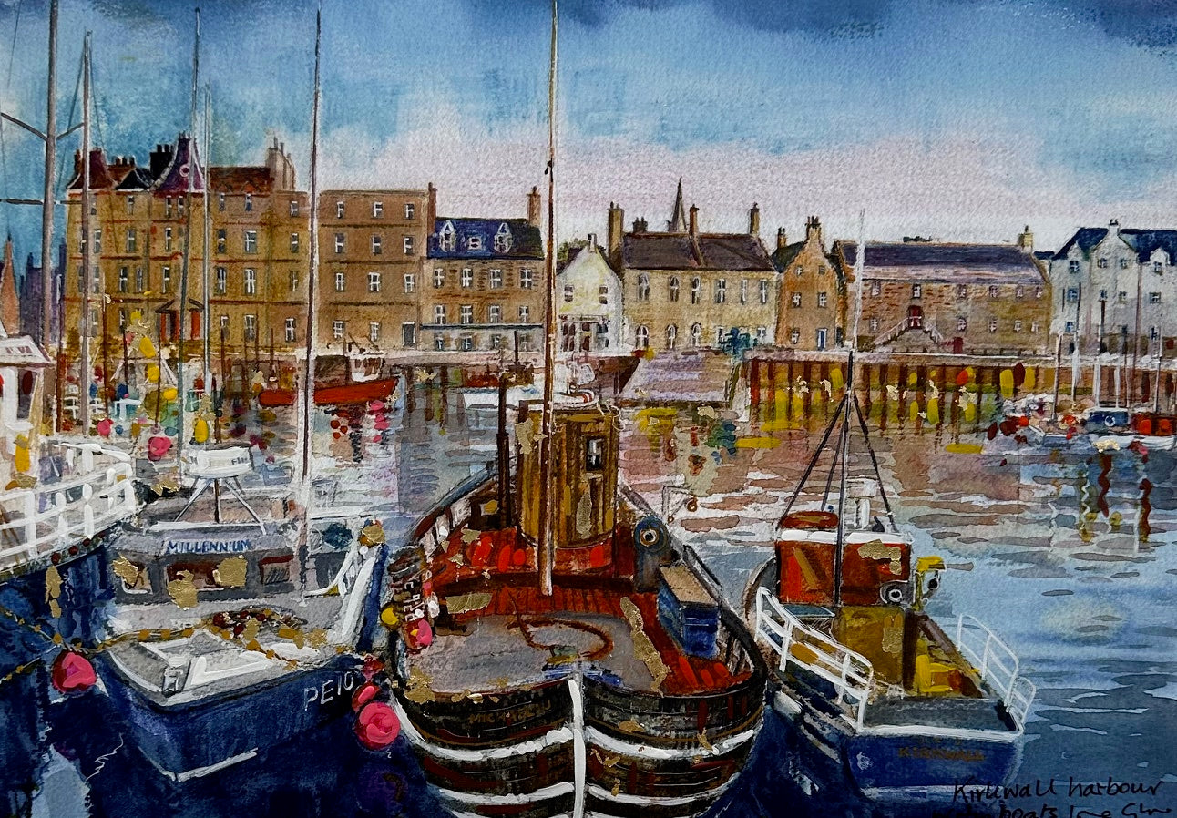Hand finished print A4 size/Kirkwall harbour with boats
