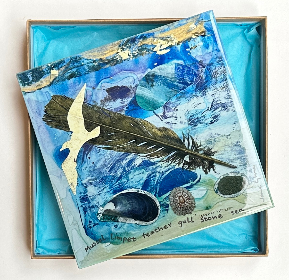 Large ceramic tile/Mussel Limpet feather gull stone sea