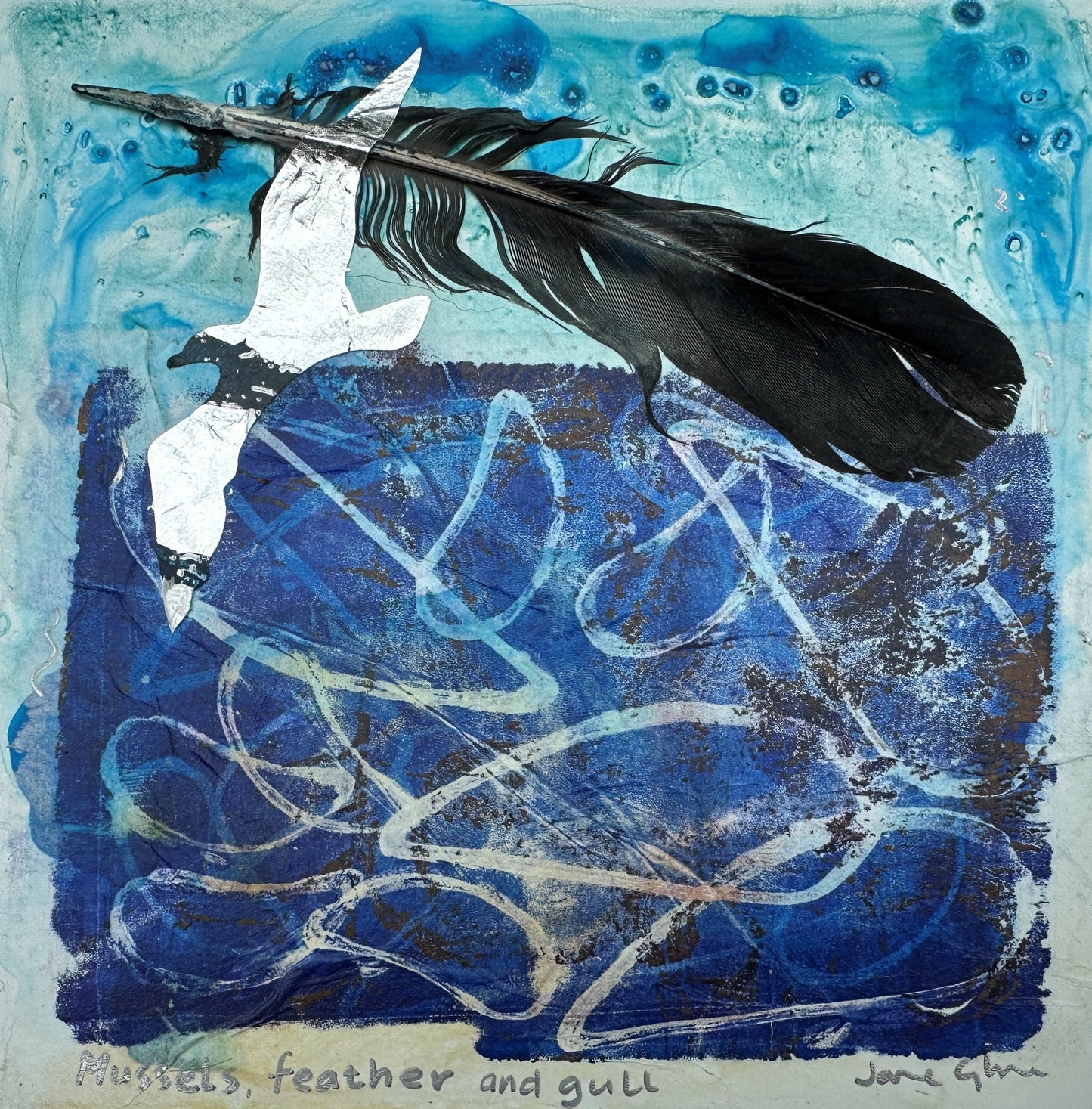 Original painting/Mussels, feather and gull