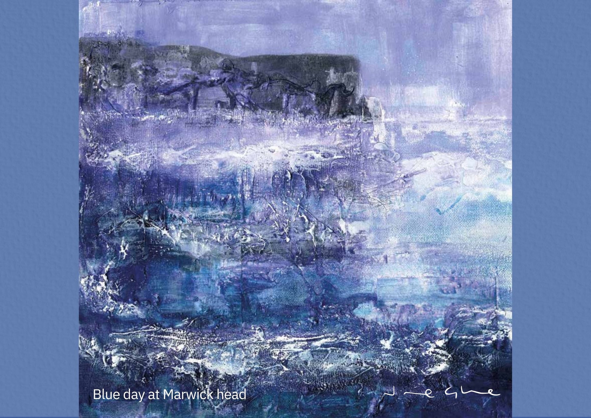 Orkney calendar 2025 November page with mixed media painting of a blue day at Marwick head with wild sea and cliffs by Orkney artist Jane Glue
