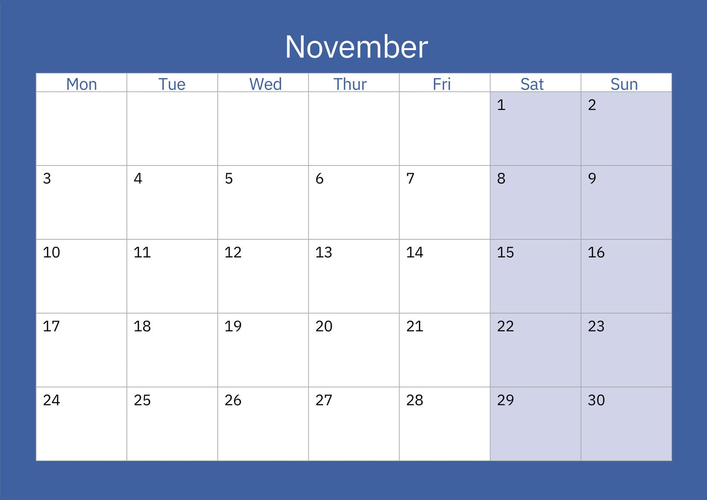 Orkney calendar 2025 November dates page