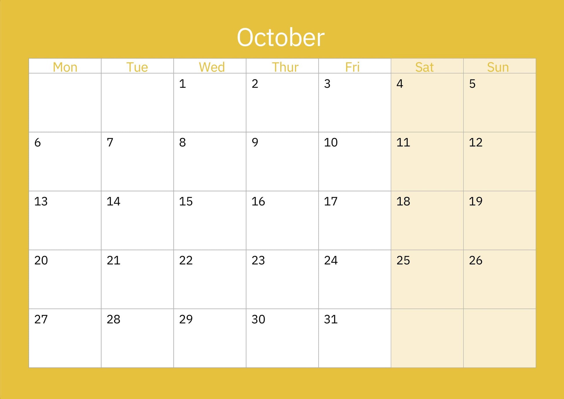 Orkney calendar 2025 October dates page