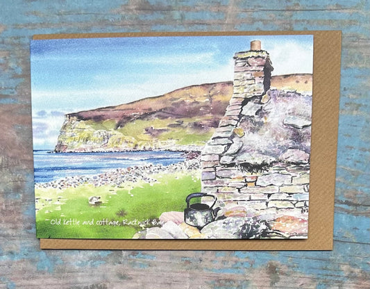 Card -  Old kettle and cottage, Rackwick bay