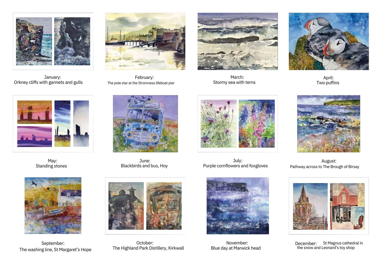 Orkney calendar 2025 overview of all calendar paintings by Orkney artist Jane Glue