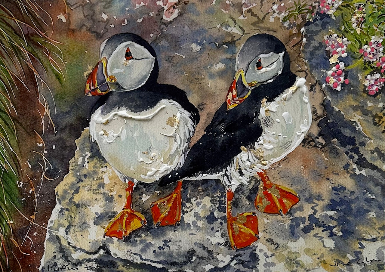 Hand finished print A4 size/Puffin twins