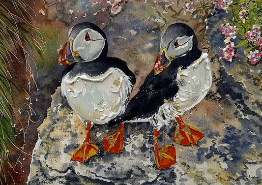 Hand finished print A4 size/Puffin twins