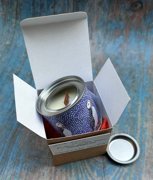 Small candle in a tin/Puffin in the snow