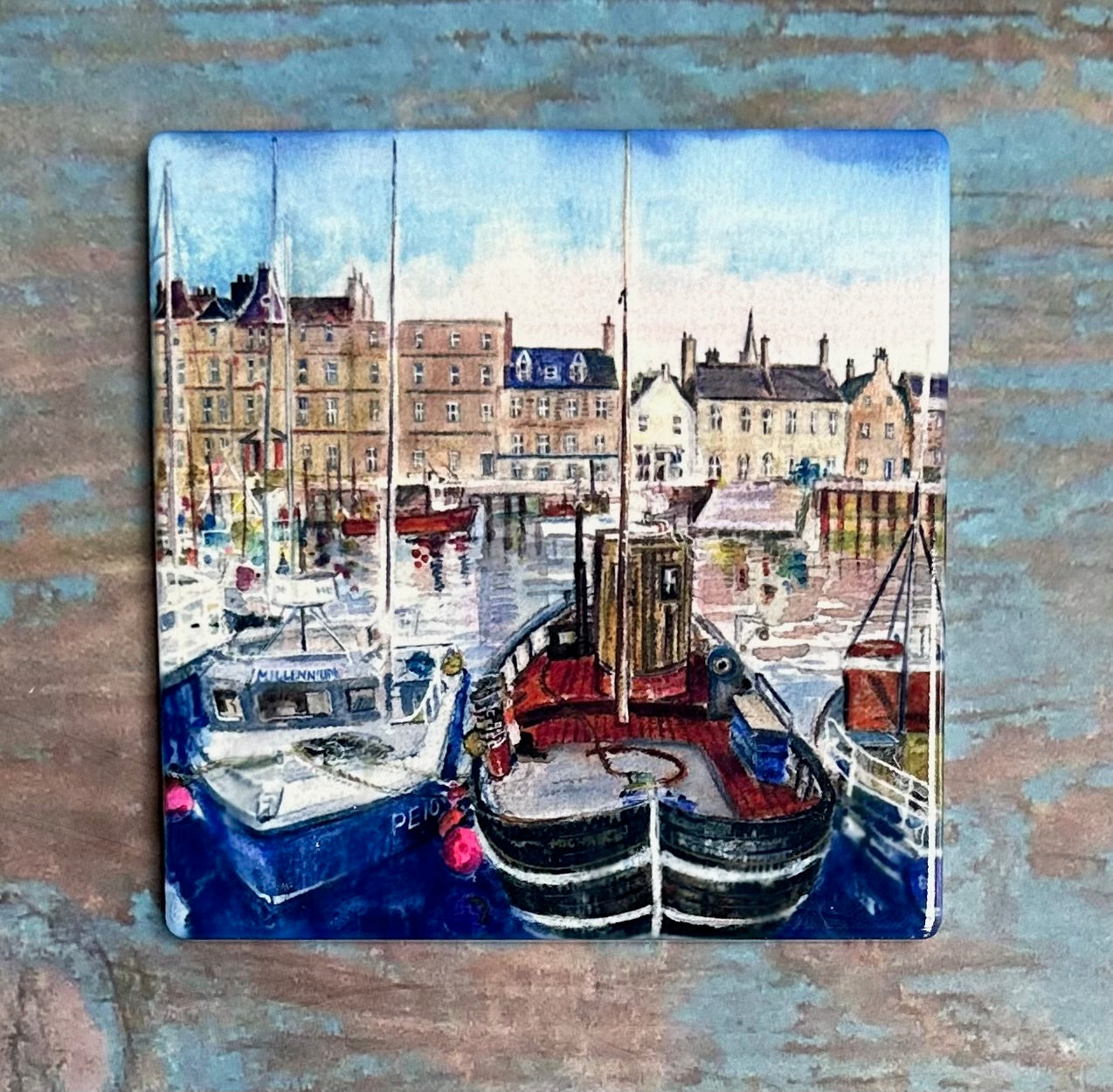 Ceramic coaster/Kirkwall harbour with boats Square