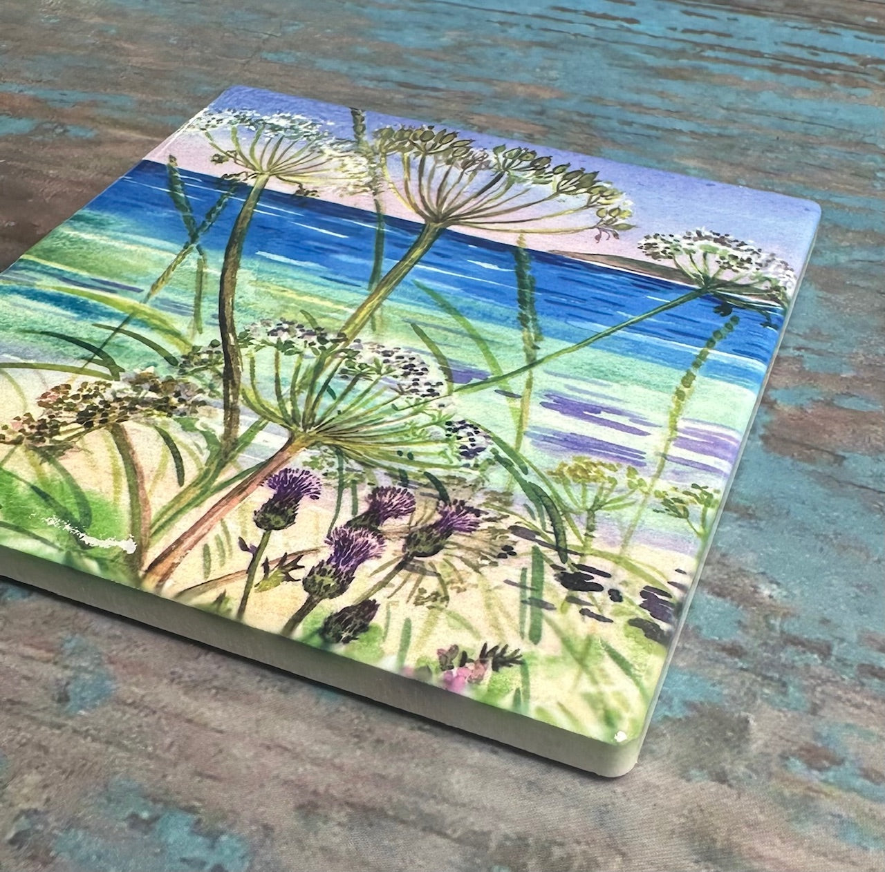 Ceramic coaster/ Cow parsley on the shoreline Square