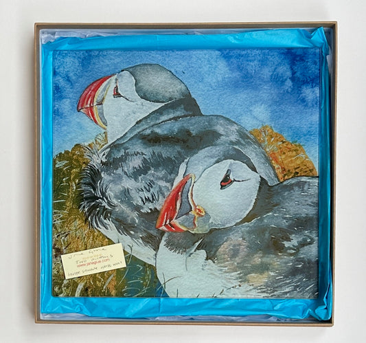 Large square glass platter/Two puffins