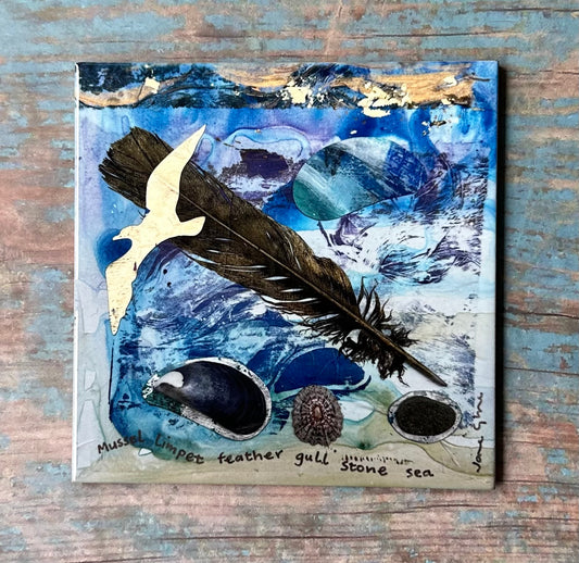 Medium ceramic tile/Mussel limpet feather gull stone sea