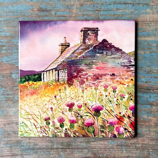 Large ceramic tile/Cottage with thistles