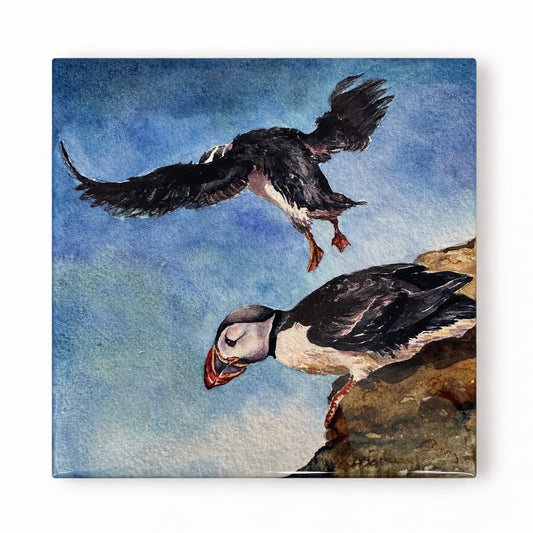 Medium ceramic tile/Puffins taking flight