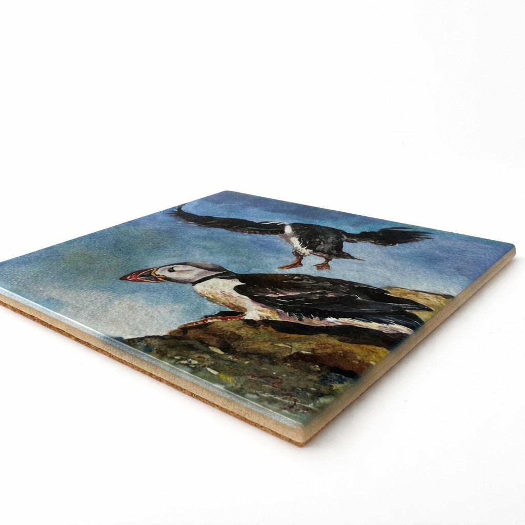 Medium ceramic tile/Puffins taking flight