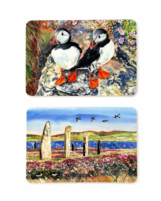 Set of two long Coasters/Puffin twins and Oystercatchers and curlews at The Ring of Brodgar