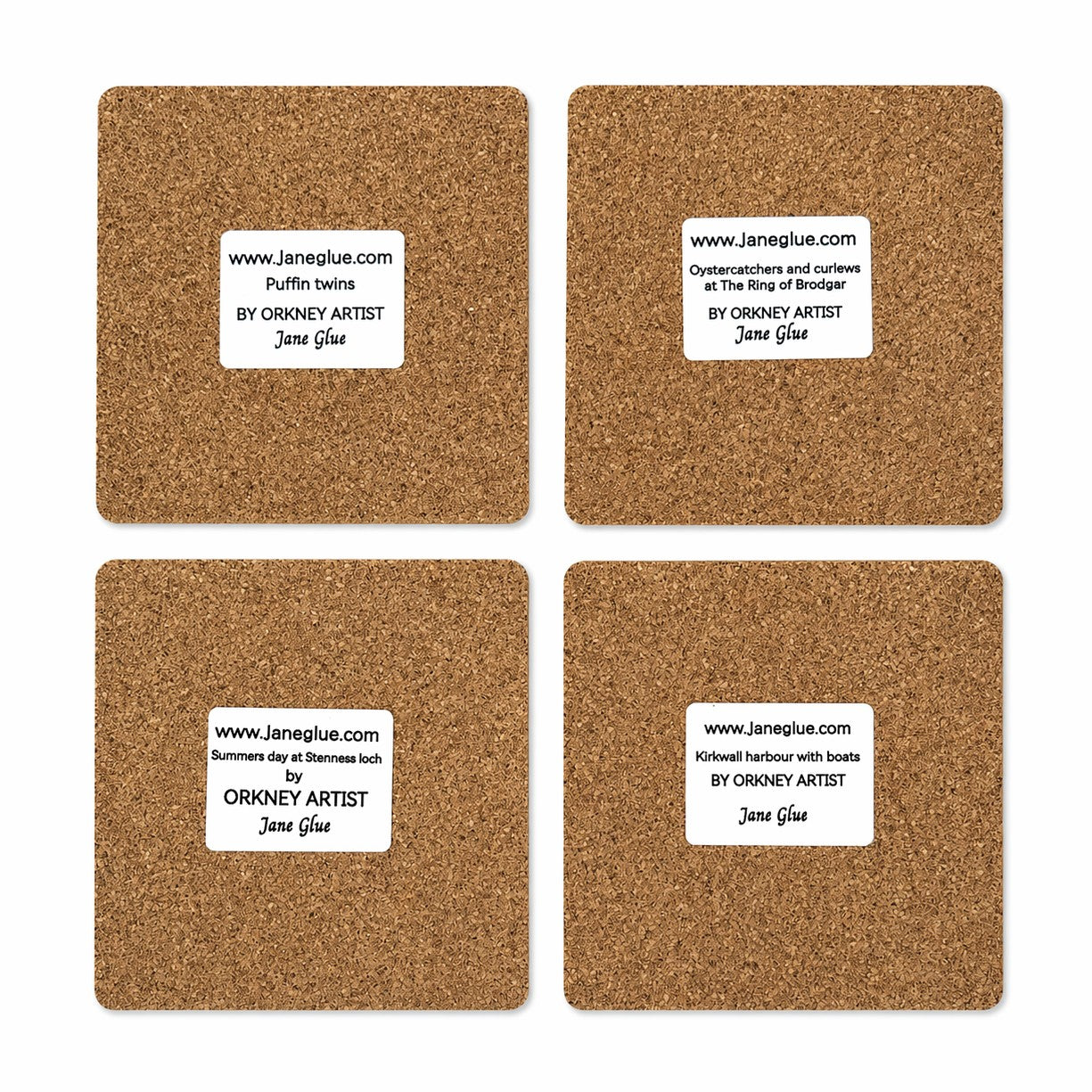 Set of four coasters/Puffin twins, Oystercatchers and curlews at The Ring of Brodgar, Summers day at Stenness loch and Kirkwall harbour with boats