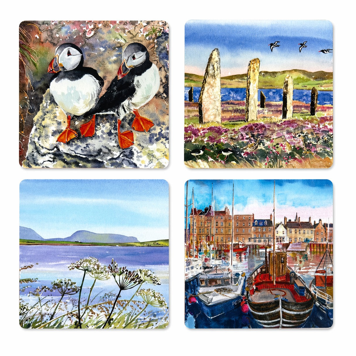 Set of four coasters/Puffin twins, Oystercatchers and curlews at The Ring of Brodgar, Summers day at Stenness loch and Kirkwall harbour with boats