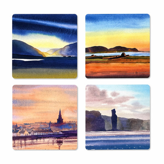 Set of four coasters/Sunset over Kirkwall bay, Rainstorm over Hoy, Sunset over The Hoy Hills, The Old Man of Hoy