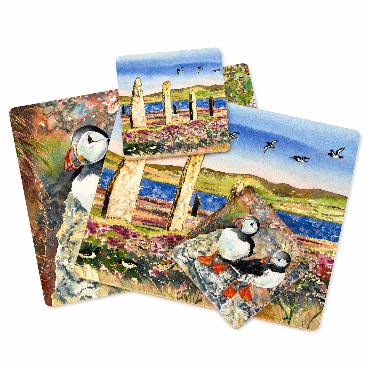 Tablemat and coaster set/Oystercatchers and curlews at The Ring of Brodgar and Puffin twins