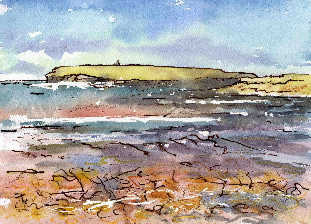 A print of a watercolour and ink sketch made at The Brough of Birsay in Orkney by artist Jane Glue from Orkney, Scotland