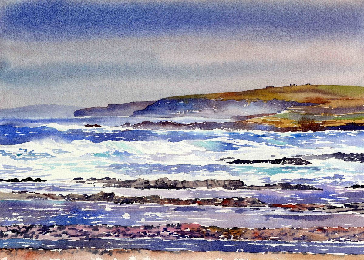 A print from a watercolour painting of the north side of Birsay on a bright sunny winters day in Orkney by Orkney artist Jane Glue, Scotland